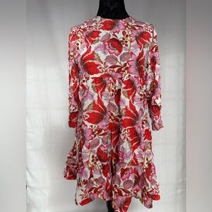 Zara Red and Pink Floral Long Sleeve Dress